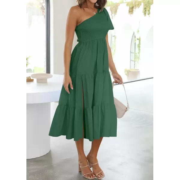 imageZESICA Womens 2024 Boho Summer One Shoulder Short Sleeve Smocked Side Split Ruffle Swing Midi DressForest Green