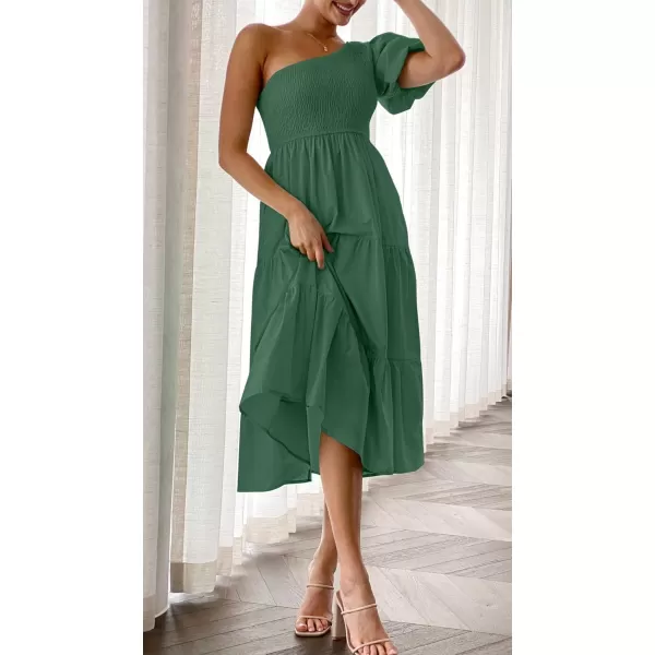 imageZESICA Womens 2024 Boho Summer One Shoulder Short Sleeve Smocked Side Split Ruffle Swing Midi DressForest Green