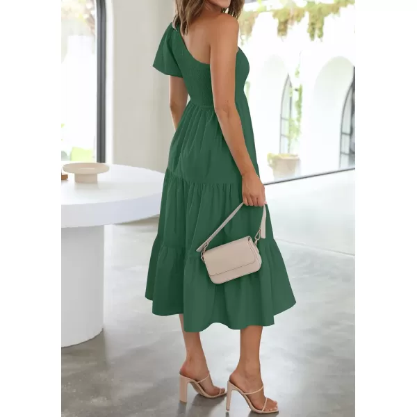 imageZESICA Womens 2024 Boho Summer One Shoulder Short Sleeve Smocked Side Split Ruffle Swing Midi DressForest Green