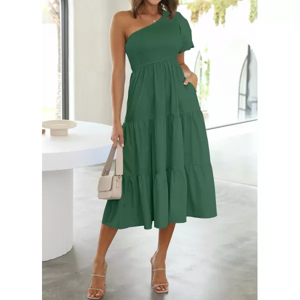 imageZESICA Womens 2024 Boho Summer One Shoulder Short Sleeve Smocked Side Split Ruffle Swing Midi DressForest Green