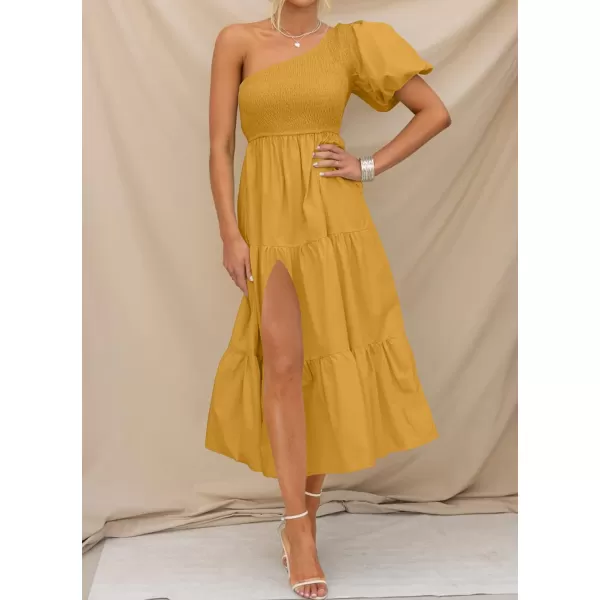 imageZESICA Womens 2024 Boho Summer One Shoulder Short Sleeve Smocked Side Split Ruffle Swing Midi DressGinger
