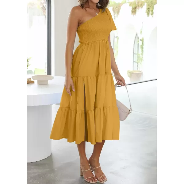 imageZESICA Womens 2024 Boho Summer One Shoulder Short Sleeve Smocked Side Split Ruffle Swing Midi DressGinger