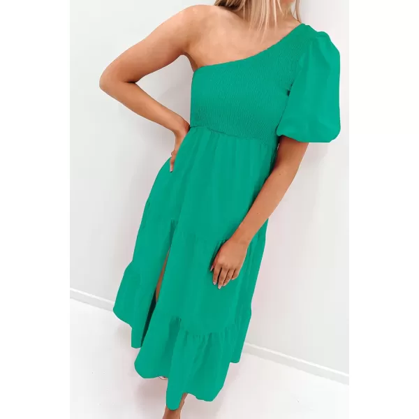 imageZESICA Womens 2024 Boho Summer One Shoulder Short Sleeve Smocked Side Split Ruffle Swing Midi DressGreen