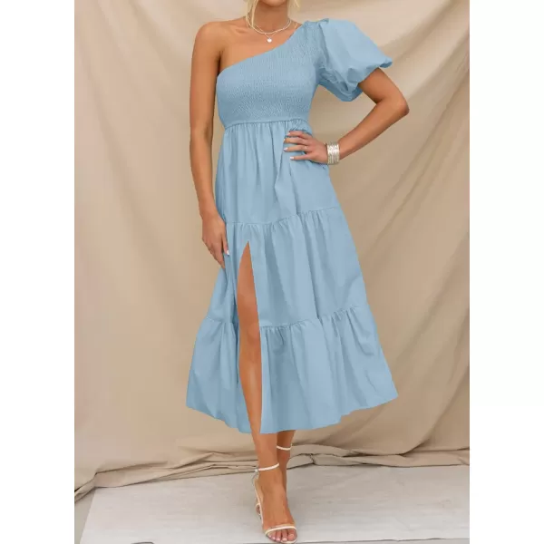 imageZESICA Womens 2024 Boho Summer One Shoulder Short Sleeve Smocked Side Split Ruffle Swing Midi DressLight Blue