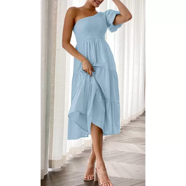 imageZESICA Womens 2024 Boho Summer One Shoulder Short Sleeve Smocked Side Split Ruffle Swing Midi DressLight Blue