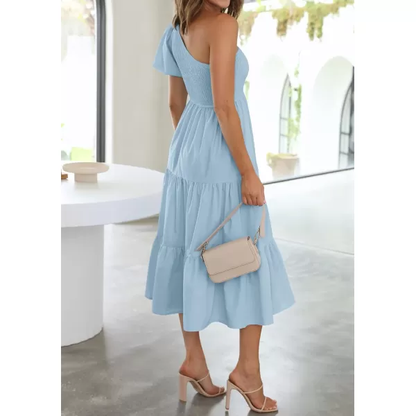 imageZESICA Womens 2024 Boho Summer One Shoulder Short Sleeve Smocked Side Split Ruffle Swing Midi DressLight Blue