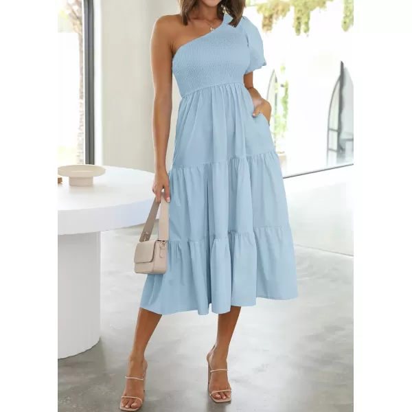 imageZESICA Womens 2024 Boho Summer One Shoulder Short Sleeve Smocked Side Split Ruffle Swing Midi DressLight Blue