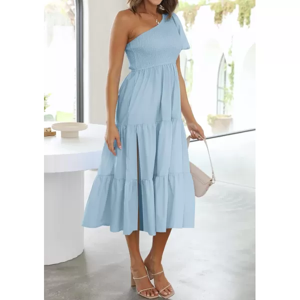 imageZESICA Womens 2024 Boho Summer One Shoulder Short Sleeve Smocked Side Split Ruffle Swing Midi DressLight Blue