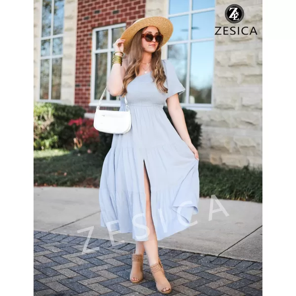 imageZESICA Womens 2024 Boho Summer One Shoulder Short Sleeve Smocked Side Split Ruffle Swing Midi DressLight Blue