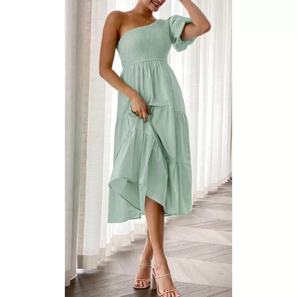 imageZESICA Womens 2024 Boho Summer One Shoulder Short Sleeve Smocked Side Split Ruffle Swing Midi DressLight Green