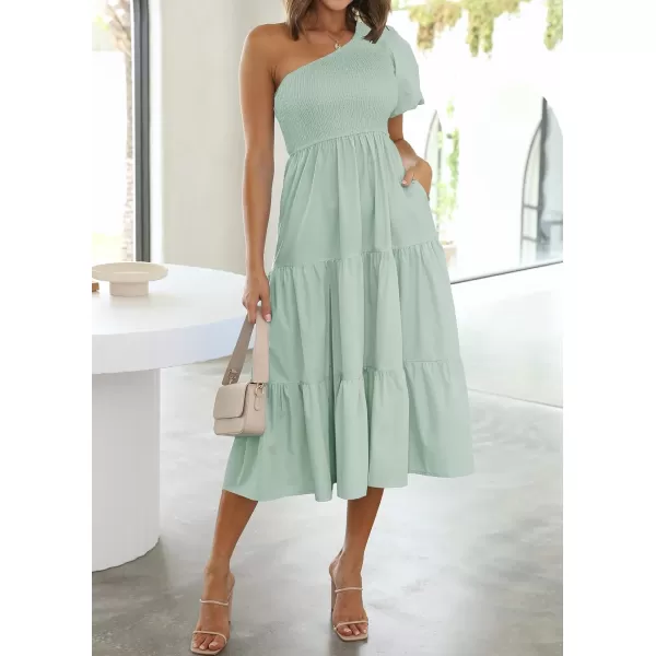 imageZESICA Womens 2024 Boho Summer One Shoulder Short Sleeve Smocked Side Split Ruffle Swing Midi DressLight Green