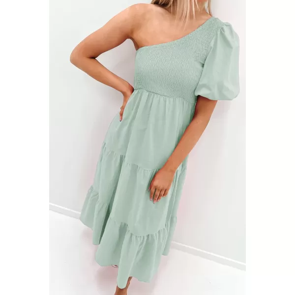 imageZESICA Womens 2024 Boho Summer One Shoulder Short Sleeve Smocked Side Split Ruffle Swing Midi DressLight Green