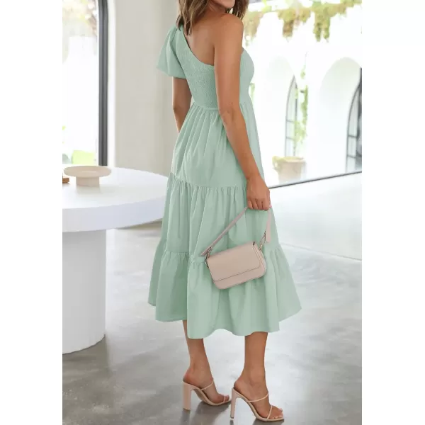 imageZESICA Womens 2024 Boho Summer One Shoulder Short Sleeve Smocked Side Split Ruffle Swing Midi DressLight Green