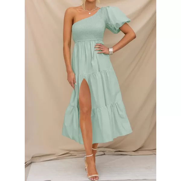 imageZESICA Womens 2024 Boho Summer One Shoulder Short Sleeve Smocked Side Split Ruffle Swing Midi DressLight Green
