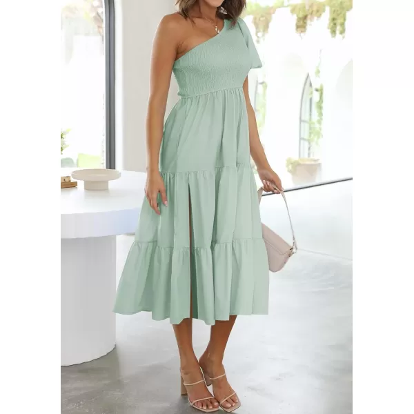 imageZESICA Womens 2024 Boho Summer One Shoulder Short Sleeve Smocked Side Split Ruffle Swing Midi DressLight Green