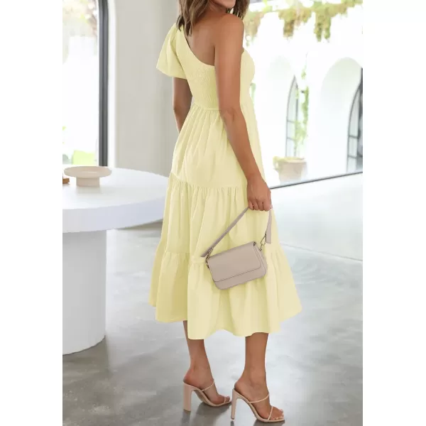imageZESICA Womens 2024 Boho Summer One Shoulder Short Sleeve Smocked Side Split Ruffle Swing Midi DressLight Yellow