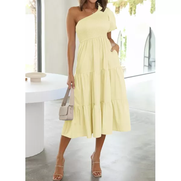 imageZESICA Womens 2024 Boho Summer One Shoulder Short Sleeve Smocked Side Split Ruffle Swing Midi DressLight Yellow
