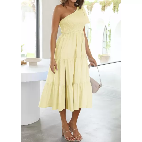 imageZESICA Womens 2024 Boho Summer One Shoulder Short Sleeve Smocked Side Split Ruffle Swing Midi DressLight Yellow