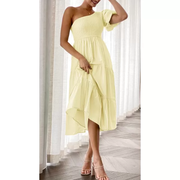 imageZESICA Womens 2024 Boho Summer One Shoulder Short Sleeve Smocked Side Split Ruffle Swing Midi DressLight Yellow