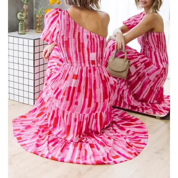 imageZESICA Womens 2024 Boho Summer One Shoulder Short Sleeve Smocked Side Split Ruffle Swing Midi DressMagenta