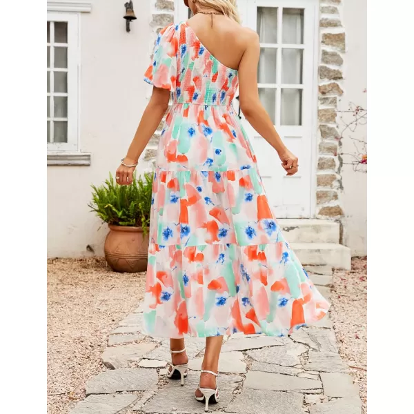 imageZESICA Womens 2024 Boho Summer One Shoulder Short Sleeve Smocked Side Split Ruffle Swing Midi DressPeach