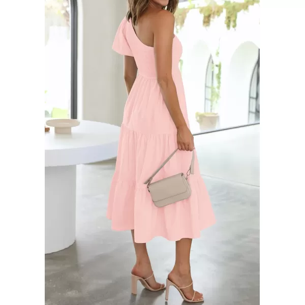 imageZESICA Womens 2024 Boho Summer One Shoulder Short Sleeve Smocked Side Split Ruffle Swing Midi DressPink