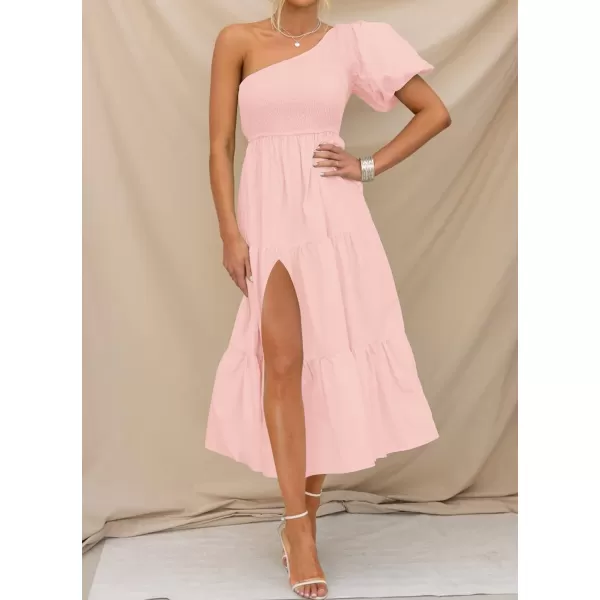 imageZESICA Womens 2024 Boho Summer One Shoulder Short Sleeve Smocked Side Split Ruffle Swing Midi DressPink