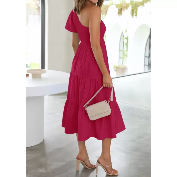 imageZESICA Womens 2024 Boho Summer One Shoulder Short Sleeve Smocked Side Split Ruffle Swing Midi DressPlum