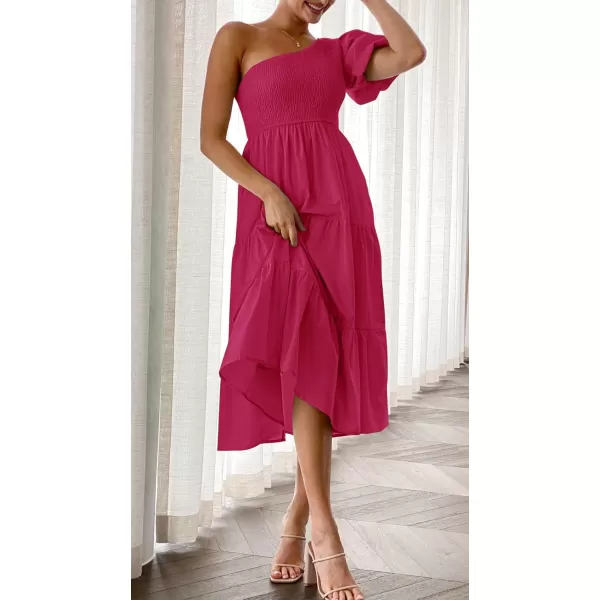 imageZESICA Womens 2024 Boho Summer One Shoulder Short Sleeve Smocked Side Split Ruffle Swing Midi DressPlum