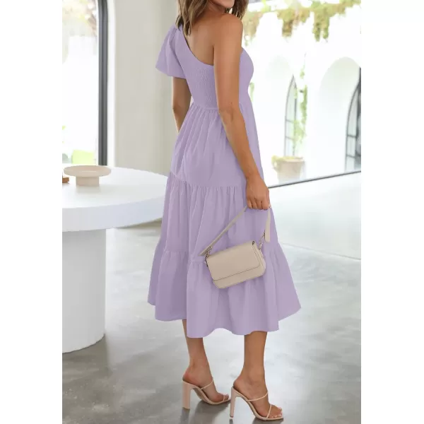 imageZESICA Womens 2024 Boho Summer One Shoulder Short Sleeve Smocked Side Split Ruffle Swing Midi DressPurple