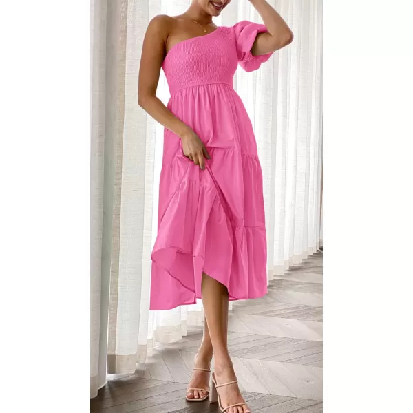 imageZESICA Womens 2024 Boho Summer One Shoulder Short Sleeve Smocked Side Split Ruffle Swing Midi DressRose Pink