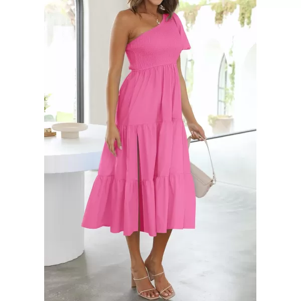 imageZESICA Womens 2024 Boho Summer One Shoulder Short Sleeve Smocked Side Split Ruffle Swing Midi DressRose Pink