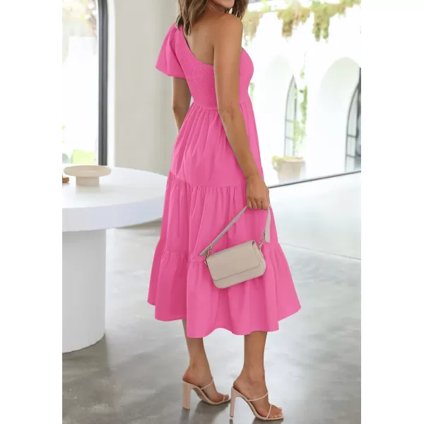 imageZESICA Womens 2024 Boho Summer One Shoulder Short Sleeve Smocked Side Split Ruffle Swing Midi DressRose Pink