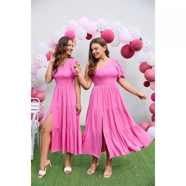 imageZESICA Womens 2024 Boho Summer One Shoulder Short Sleeve Smocked Side Split Ruffle Swing Midi DressRose Pink