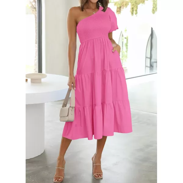 imageZESICA Womens 2024 Boho Summer One Shoulder Short Sleeve Smocked Side Split Ruffle Swing Midi DressRose Pink