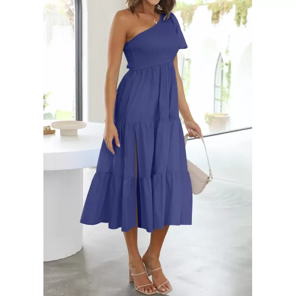imageZESICA Womens 2024 Boho Summer One Shoulder Short Sleeve Smocked Side Split Ruffle Swing Midi DressRoyal Blue