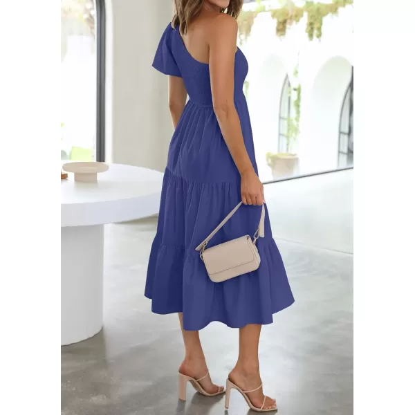imageZESICA Womens 2024 Boho Summer One Shoulder Short Sleeve Smocked Side Split Ruffle Swing Midi DressRoyal Blue