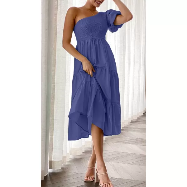 imageZESICA Womens 2024 Boho Summer One Shoulder Short Sleeve Smocked Side Split Ruffle Swing Midi DressRoyal Blue
