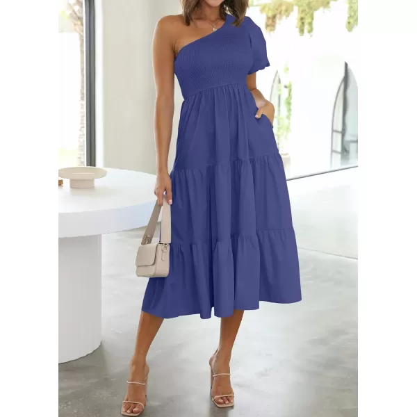 imageZESICA Womens 2024 Boho Summer One Shoulder Short Sleeve Smocked Side Split Ruffle Swing Midi DressRoyal Blue