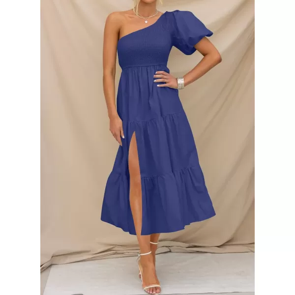 imageZESICA Womens 2024 Boho Summer One Shoulder Short Sleeve Smocked Side Split Ruffle Swing Midi DressRoyal Blue