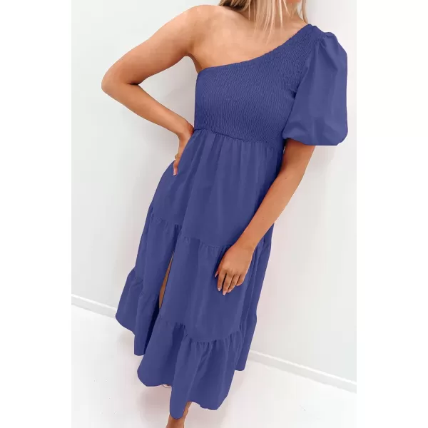 imageZESICA Womens 2024 Boho Summer One Shoulder Short Sleeve Smocked Side Split Ruffle Swing Midi DressRoyal Blue