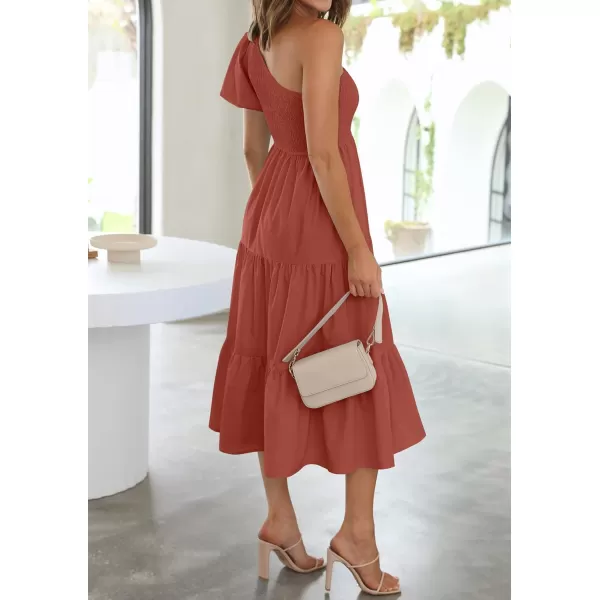 imageZESICA Womens 2024 Boho Summer One Shoulder Short Sleeve Smocked Side Split Ruffle Swing Midi DressRust