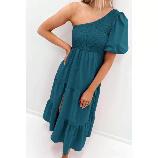 imageZESICA Womens 2024 Boho Summer One Shoulder Short Sleeve Smocked Side Split Ruffle Swing Midi DressTeal
