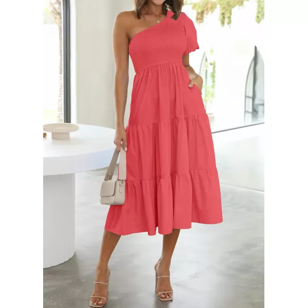 imageZESICA Womens 2024 Boho Summer One Shoulder Short Sleeve Smocked Side Split Ruffle Swing Midi DressWatermelon