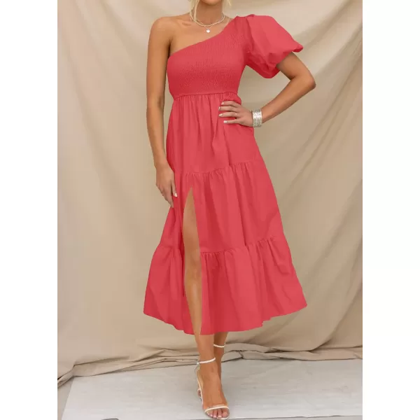 imageZESICA Womens 2024 Boho Summer One Shoulder Short Sleeve Smocked Side Split Ruffle Swing Midi DressWatermelon