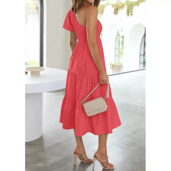 imageZESICA Womens 2024 Boho Summer One Shoulder Short Sleeve Smocked Side Split Ruffle Swing Midi DressWatermelon