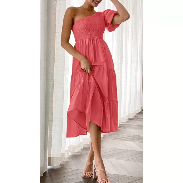 imageZESICA Womens 2024 Boho Summer One Shoulder Short Sleeve Smocked Side Split Ruffle Swing Midi DressWatermelon