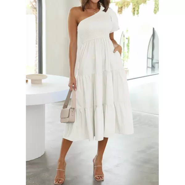 imageZESICA Womens 2024 Boho Summer One Shoulder Short Sleeve Smocked Side Split Ruffle Swing Midi DressWhite