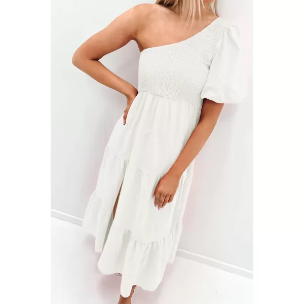 imageZESICA Womens 2024 Boho Summer One Shoulder Short Sleeve Smocked Side Split Ruffle Swing Midi DressWhite