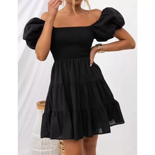 imageZESICA Womens 2024 Boho Summer Square Neck Puff Sleeve Off Shoulder Smocked Tiered Casual A Line Short Mini DressBlack